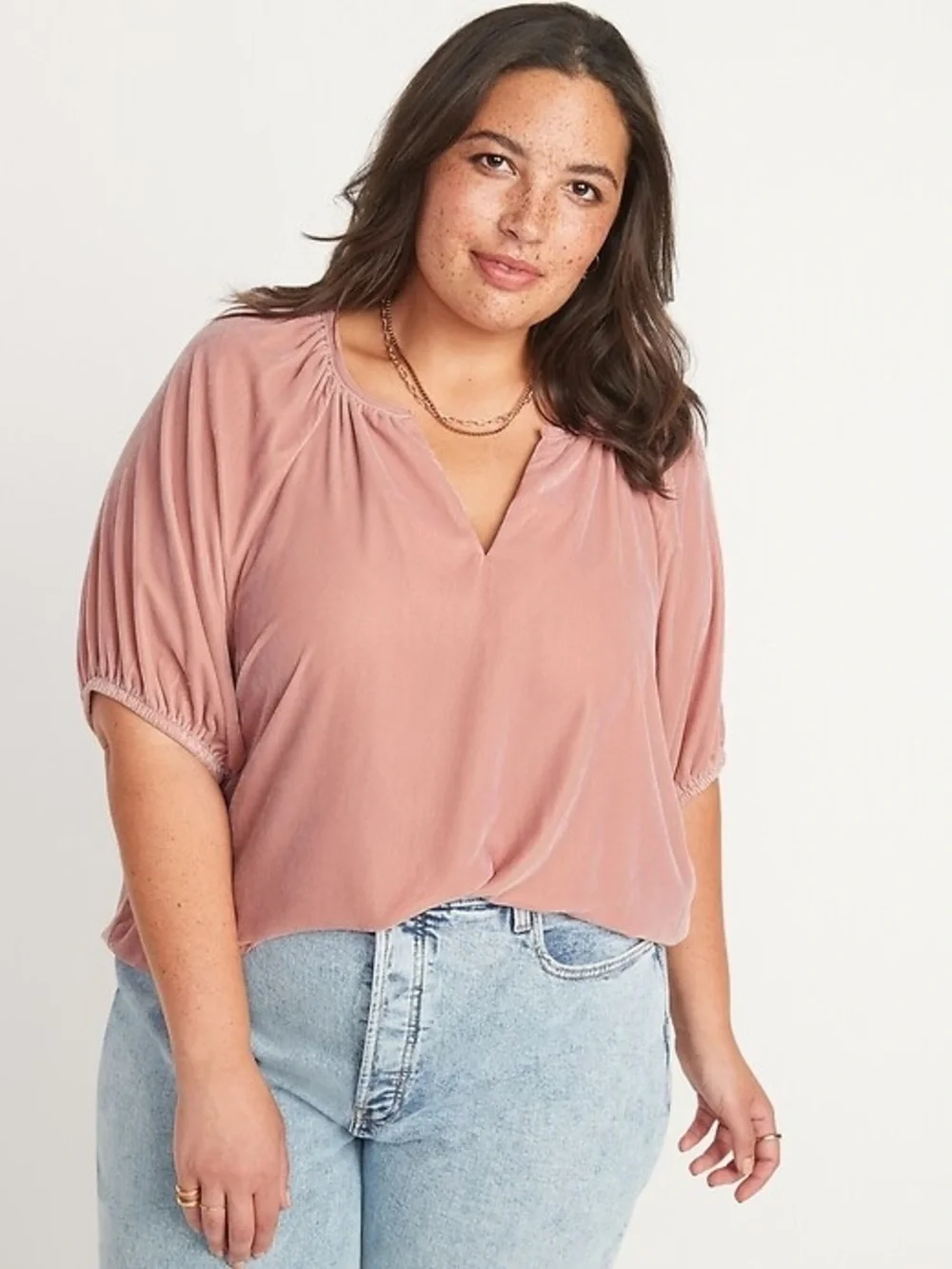 Old Navy Pink Velvet Split-Neck Swing Blouse Top Boho Puff Sleeve Plus Size XXL